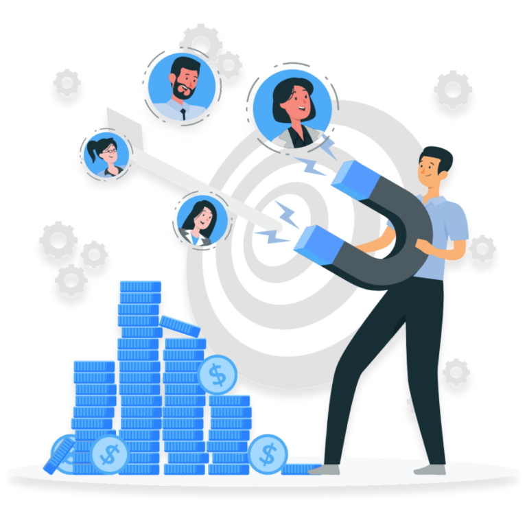 Imagem de um homem segurando um imã atraindo clientes.