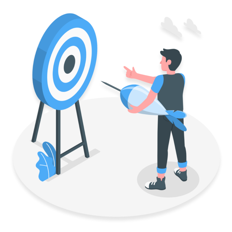 Imagem de um homem apontando um dardo para o centro de um alvo.